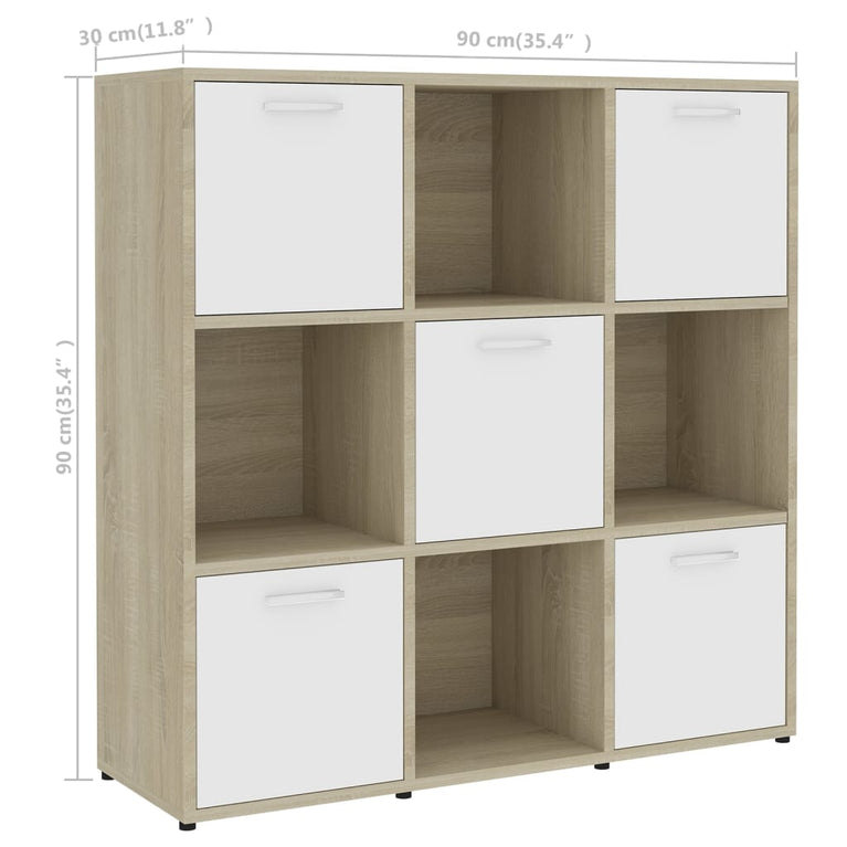 Boekenkast 90x30x90 cm spaanplaat wit en sonoma eikenkleurig