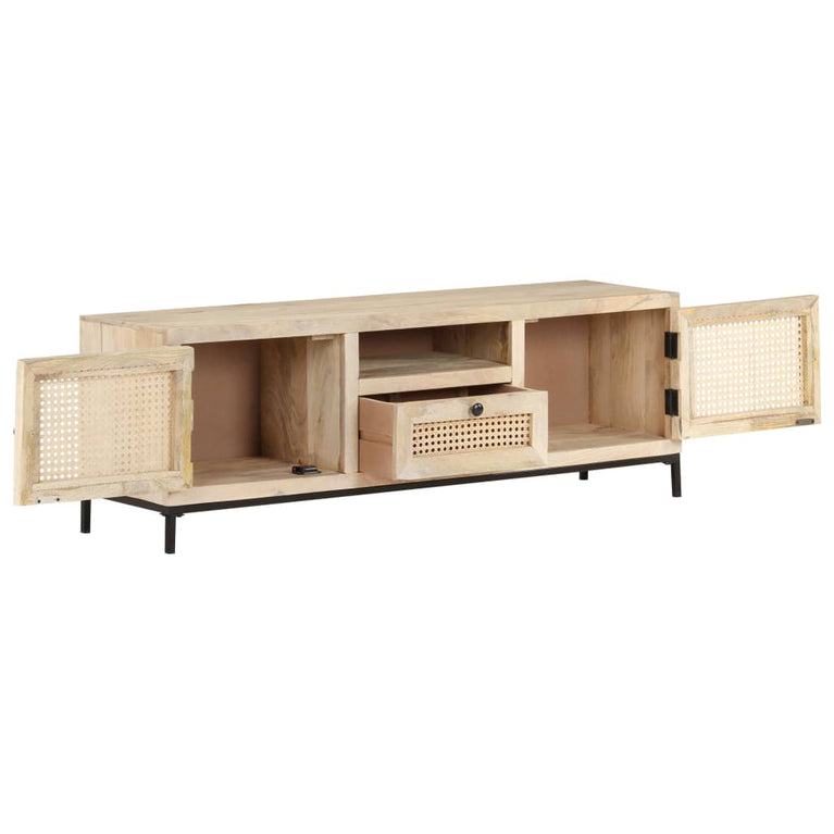Tv-meubel 120x30x40 cm massief mangohout en natuurlijk riet MeubelReus