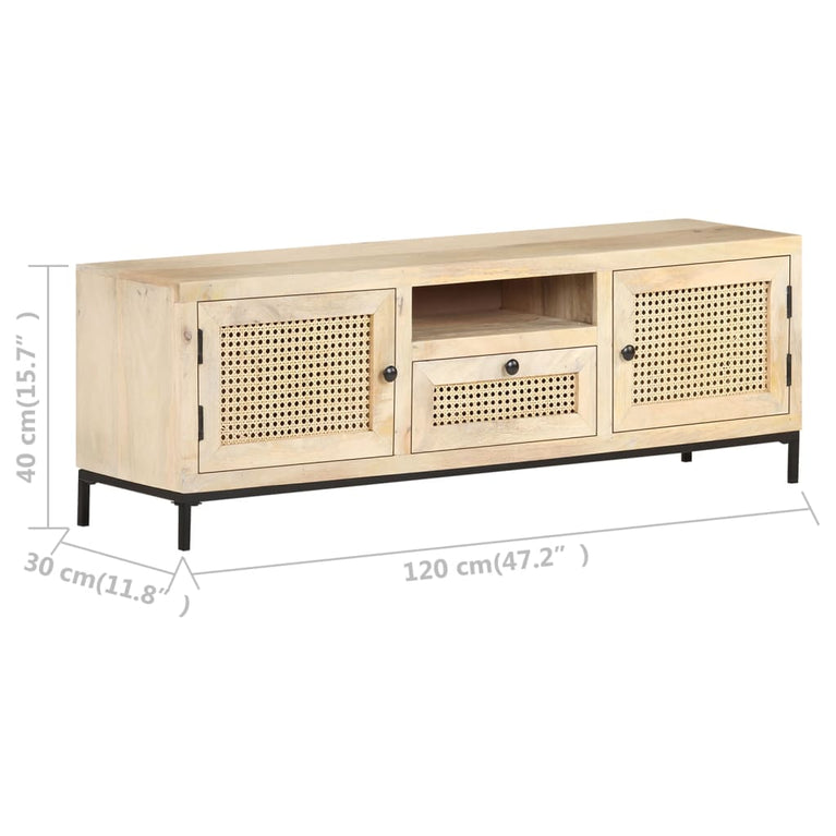 Tv-meubel 120x30x40 cm massief mangohout en natuurlijk riet MeubelReus
