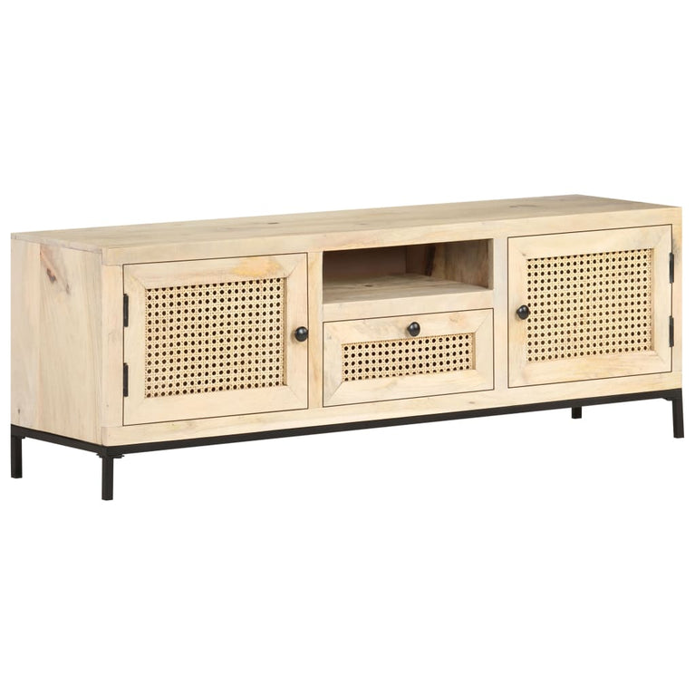 Tv-meubel 120x30x40 cm massief mangohout en natuurlijk riet MeubelReus