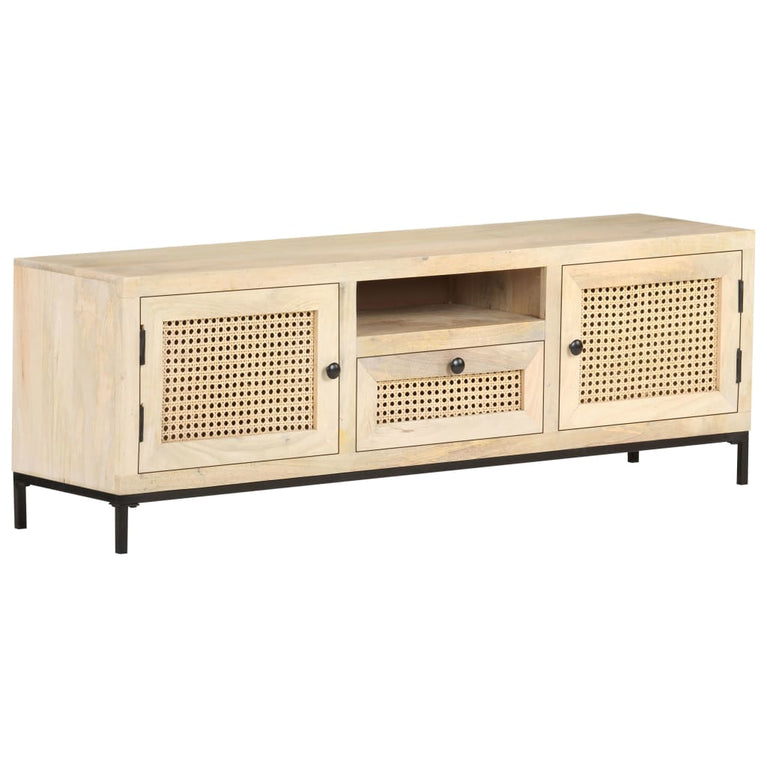 Tv-meubel 120x30x40 cm massief mangohout en natuurlijk riet MeubelReus