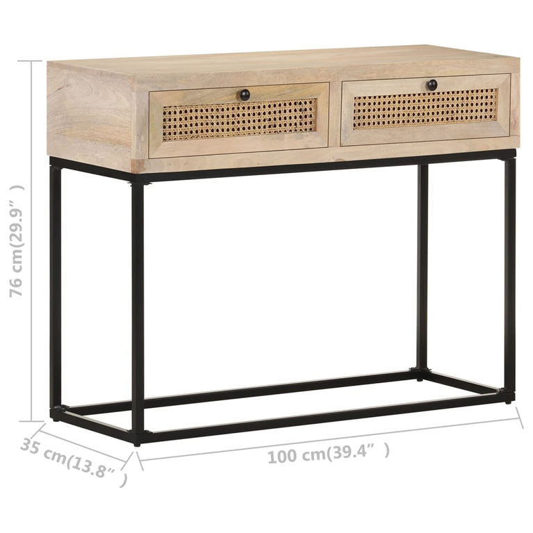 Wandtafel 100x35x76 cm massief mangohout en natuurlijk riet MeubelReus