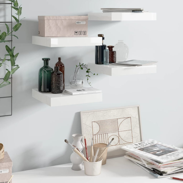Wandschappen zwevend 4 st 23x23,5x3,8 cm MDF hoogglans wit MeubelReus