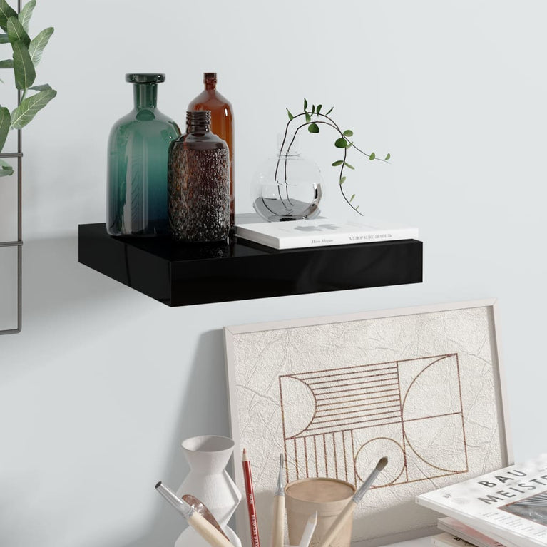 Wandschap zwevend 23x23,5x3,8 cm MDF hoogglans zwart MeubelReus