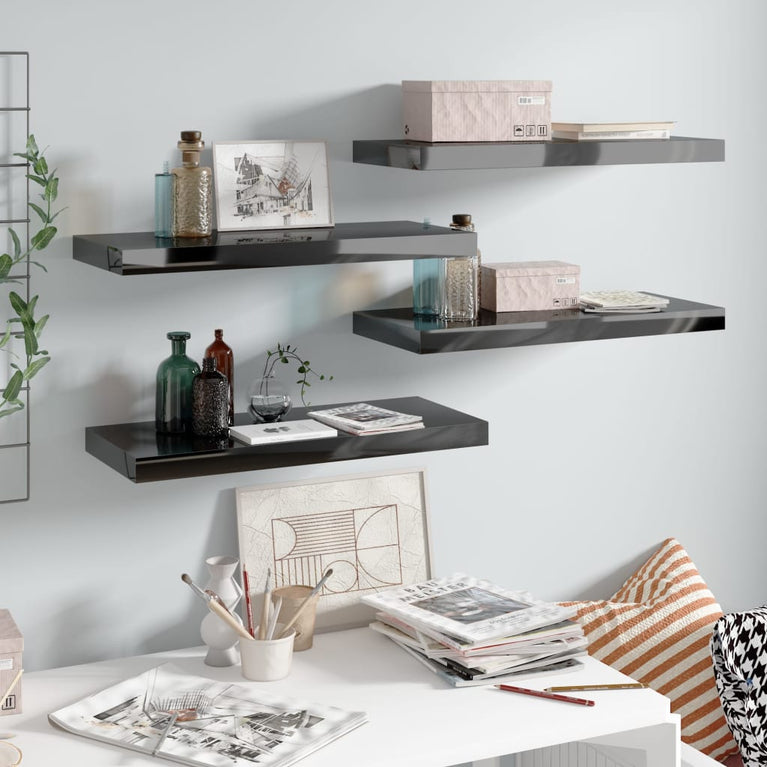 Wandschappen zwevend 4 st 60x23,5x3,8 cm MDF hoogglans zwart MeubelReus