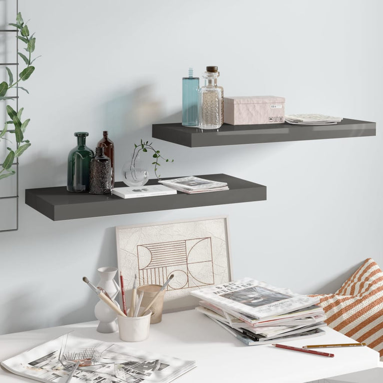 Wandschappen zwevend 2 st 60x23,5x3,8 cm MDF hoogglans grijs MeubelReus