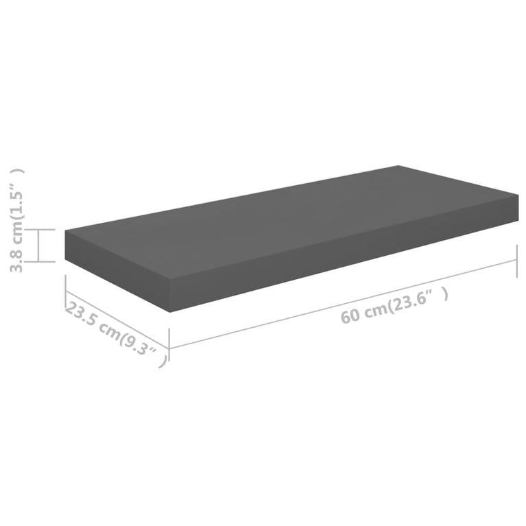 Wandschappen zwevend 4 st 60x23,5x3,8 cm MDF hoogglans grijs MeubelReus