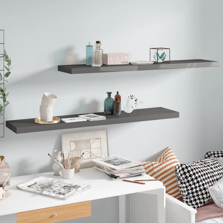 Wandschappen zwevend 2 st 120x23,5x3,8 cm MDF hoogglans grijs MeubelReus