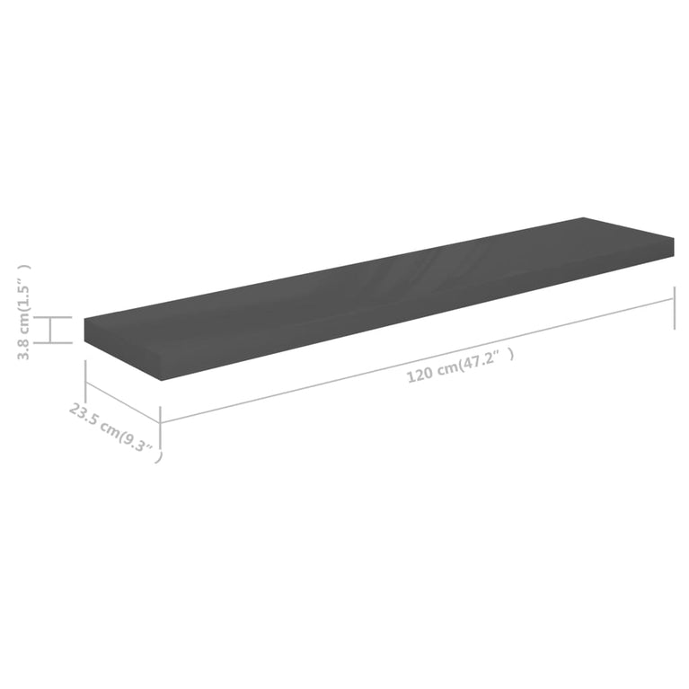 Wandschappen zwevend 4 st 120x23,5x3,8 cm MDF hoogglans grijs MeubelReus