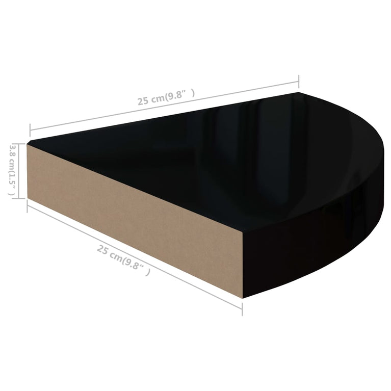 Hoekschappen zwevend 2 st 25x25x3,8 cm MDF hoogglans zwart MeubelReus