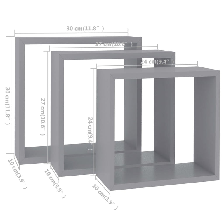 Wandschappen kubus 3 st MDF grijs MeubelReus