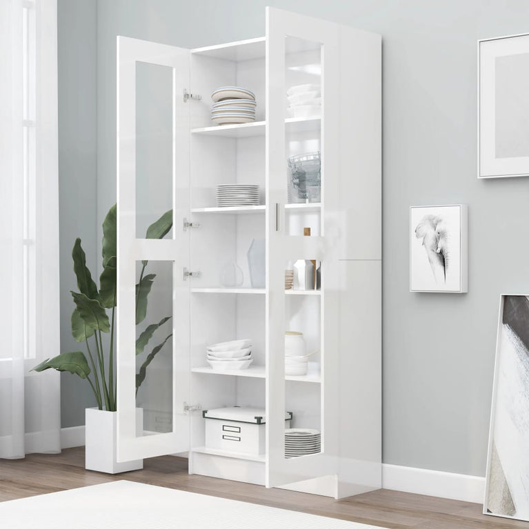 Vitrinekast 82,5x30,5x185,5 cm spaanplaat hoogglans wit MeubelReus
