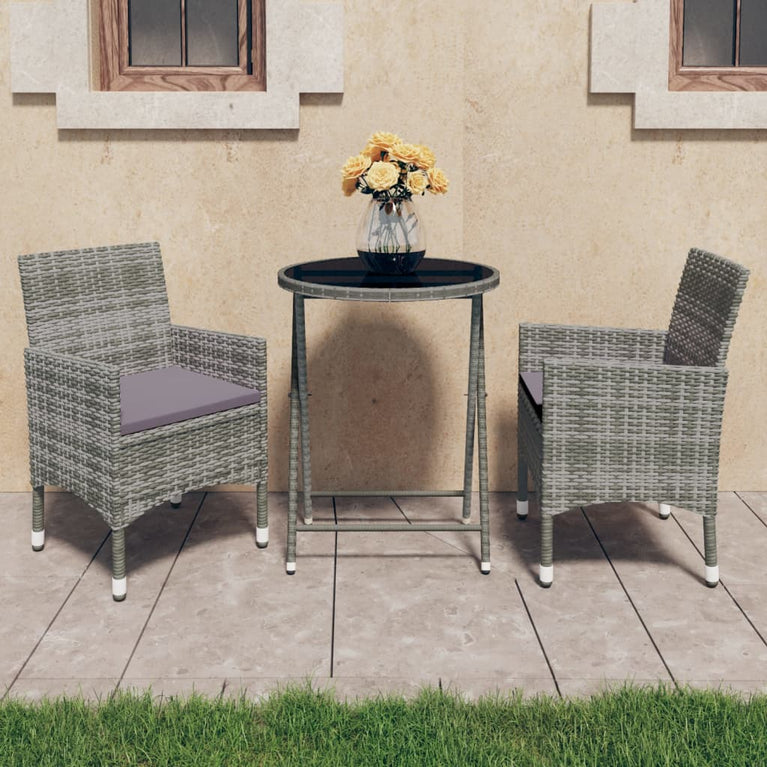 3-delige Bistroset poly rattan en gehard glas grijs MeubelReus