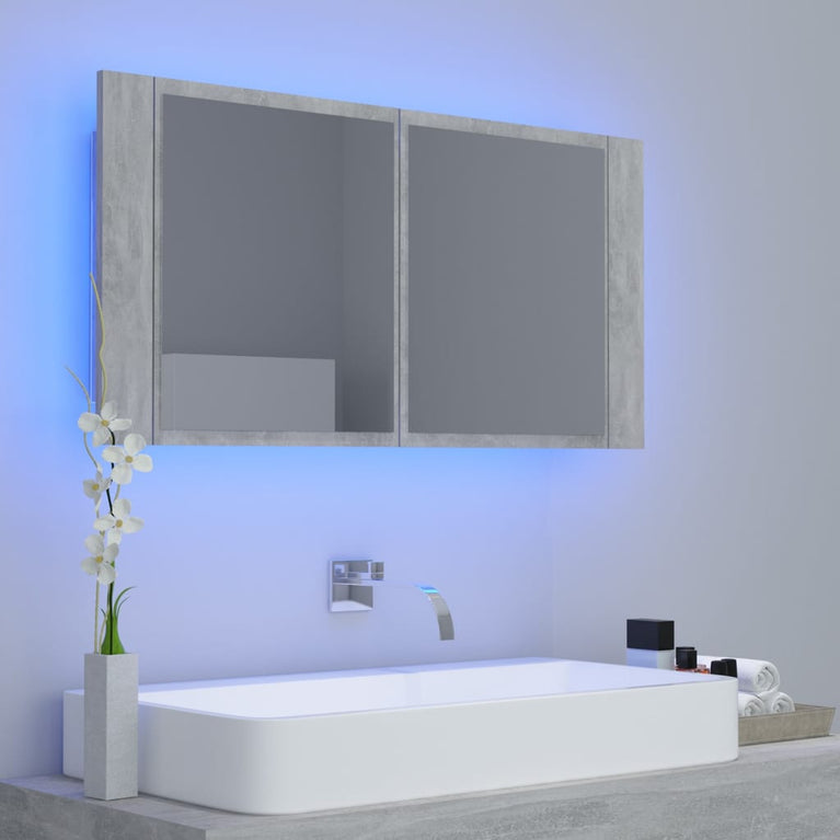 Badkamerkast met spiegel en LED 90x12x45 cm acryl betongrijs MeubelReus