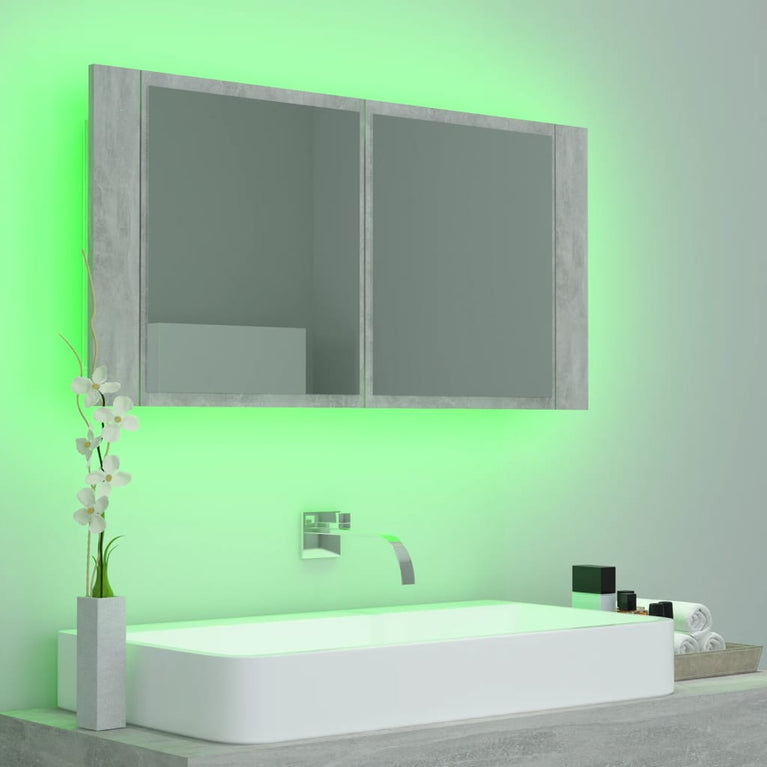 Badkamerkast met spiegel en LED 90x12x45 cm acryl betongrijs MeubelReus