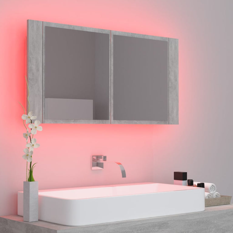 Badkamerkast met spiegel en LED 90x12x45 cm acryl betongrijs MeubelReus