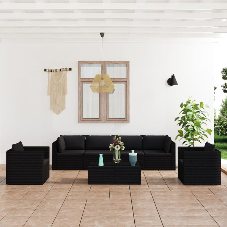 7-delige Loungeset met kussens poly rattan zwart MeubelReus