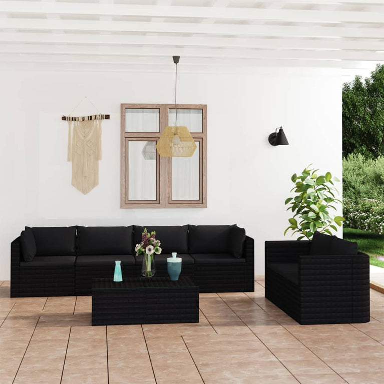 7-delige Loungeset met kussens poly rattan zwart MeubelReus