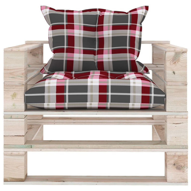 Tuinbank met rood geruite kussens pallet grenenhout MeubelReus