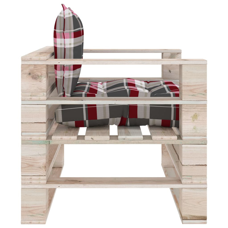 Tuinbank met rood geruite kussens pallet grenenhout MeubelReus