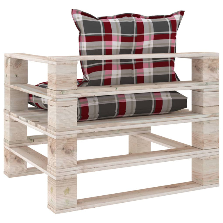 Tuinbank met rood geruite kussens pallet grenenhout MeubelReus