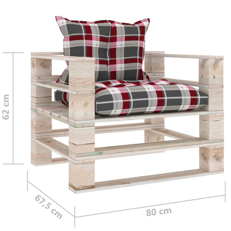 Tuinbank met rood geruite kussens pallet grenenhout MeubelReus