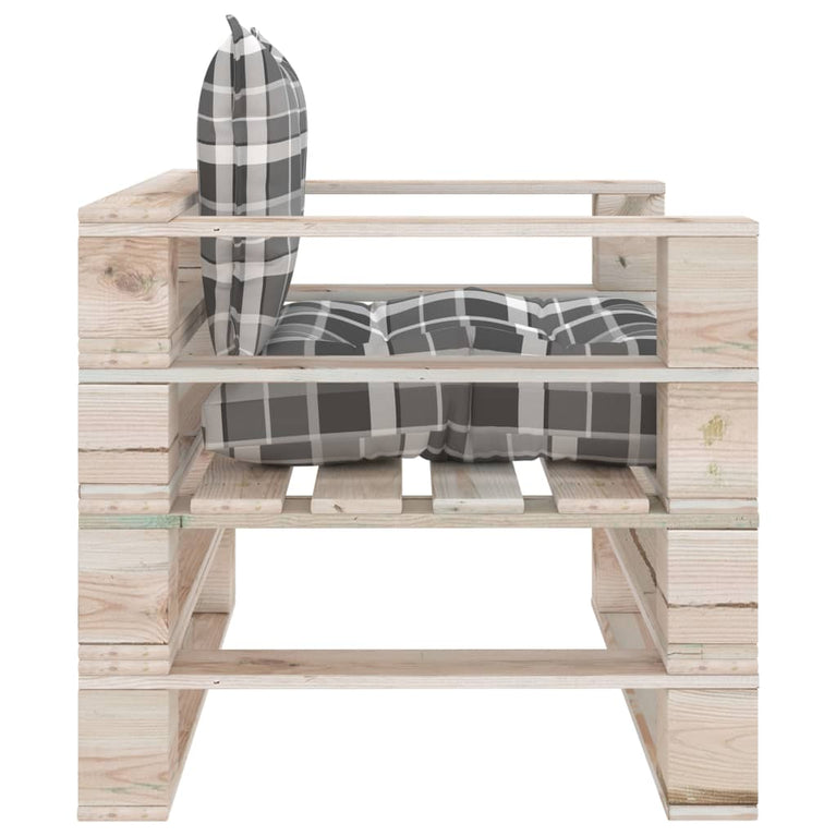 Tuinbank met grijs geruite kussens pallet grenenhout MeubelReus