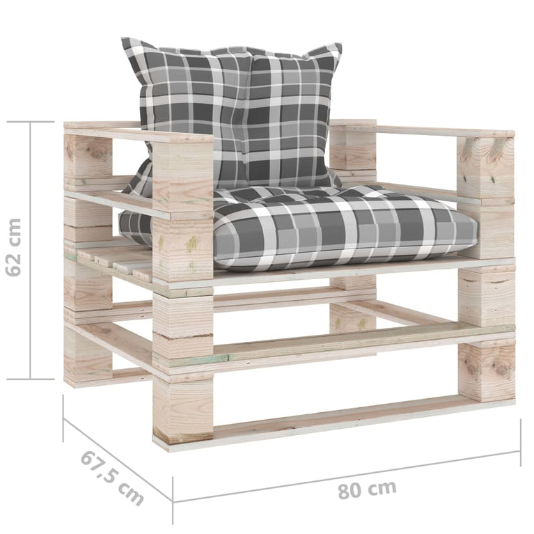 Tuinbank met grijs geruite kussens pallet grenenhout MeubelReus
