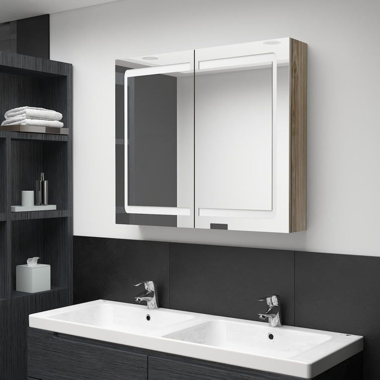 Badkamerkast met spiegel en LED 80x12x68 cm eikenkleurig MeubelReus