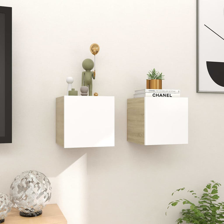 Tv-wandmeubelen 2 st 30,5x30x30 cm wit en sonoma eikenkleurig MeubelReus