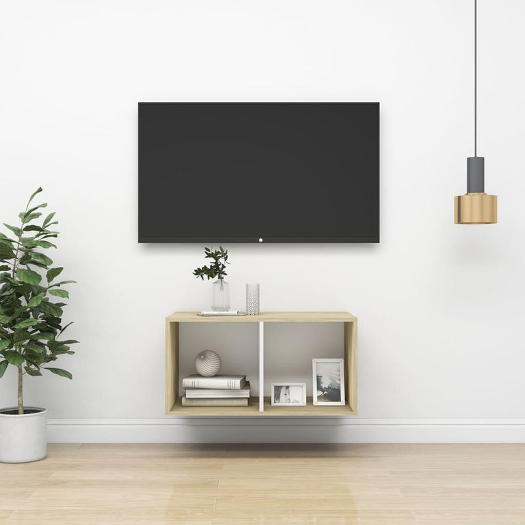 Tv-wandmeubel 37x37x72 cm spaanplaat sonoma eikenkleurig en wit MeubelReus