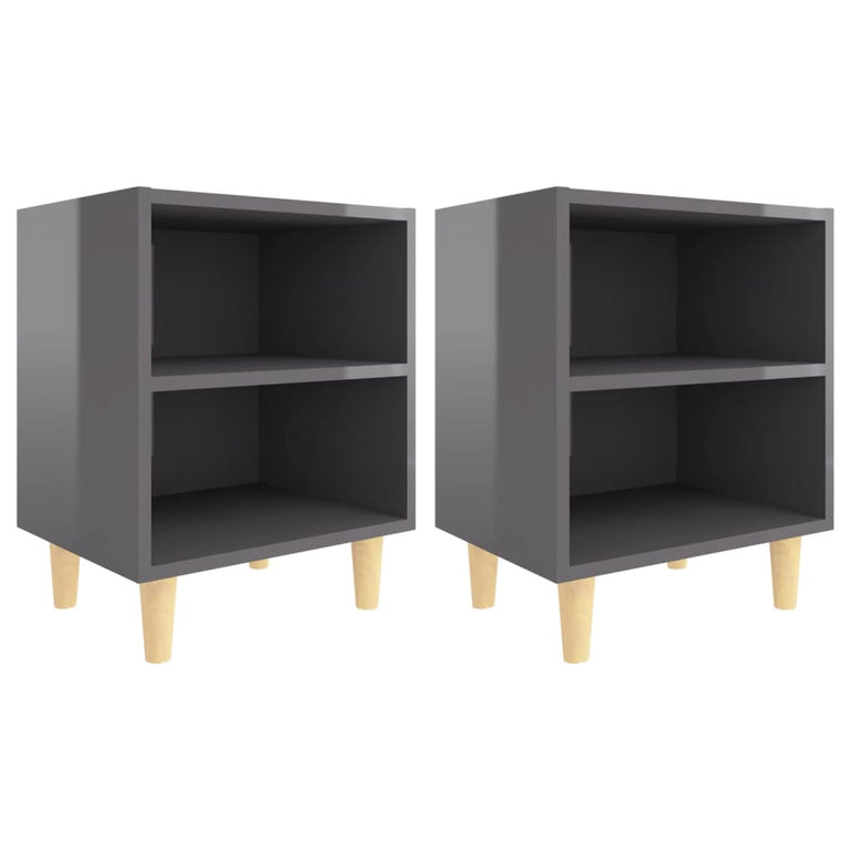 Nachtkastjes 2 st met houten poten 40x30x50 cm hoogglans grijs MeubelReus