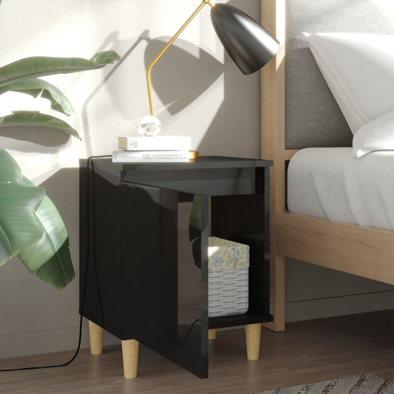 Nachtkastjes 2 st met houten poten 40x30x50 cm hoogglans zwart MeubelReus