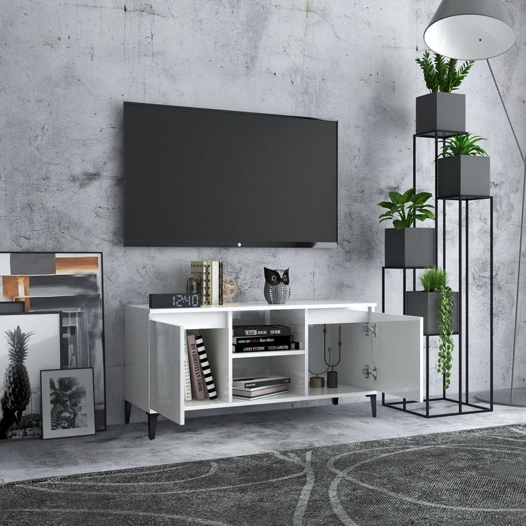 Tv-meubel met metalen poten 103,5x35x50 cm hoogglans wit