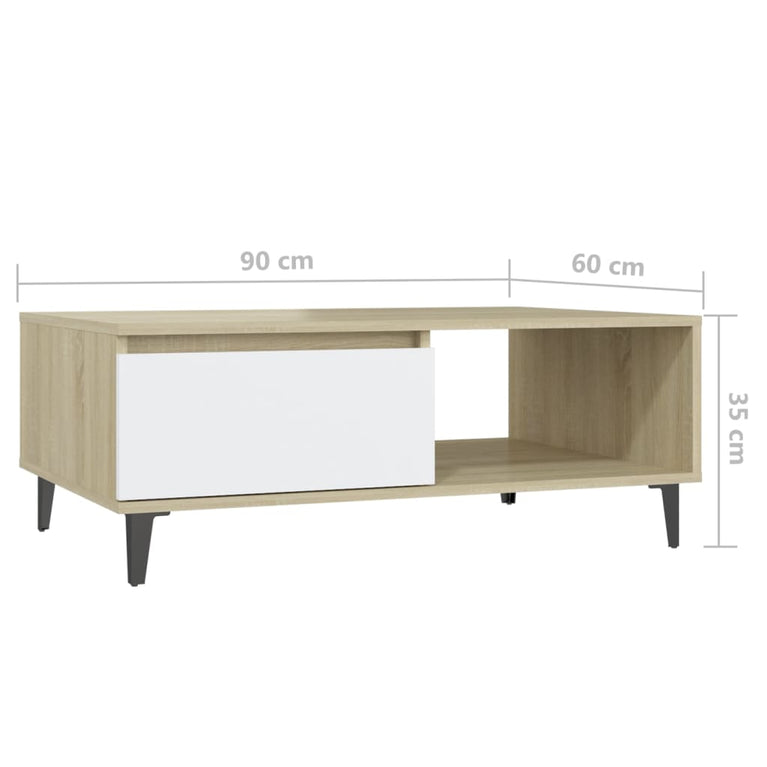 Salontafel 90x60x35 cm spaanplaat wit en sonoma eikenkleurig MeubelReus