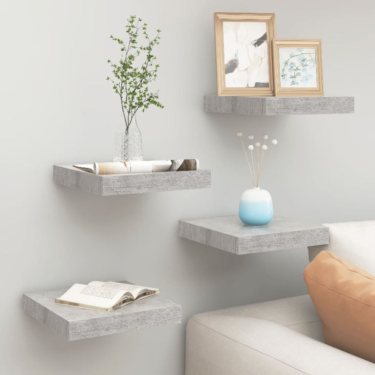Wandschappen 4 st zwevend 23x23,5x3,8 cm MDF betongrijs MeubelReus