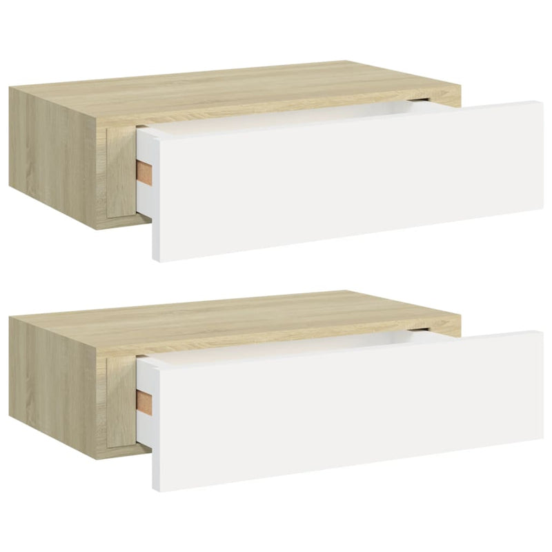 Wandschappen 2 st met lade 40x23,5x10 cm MDF eikenkleur en wit MeubelReus