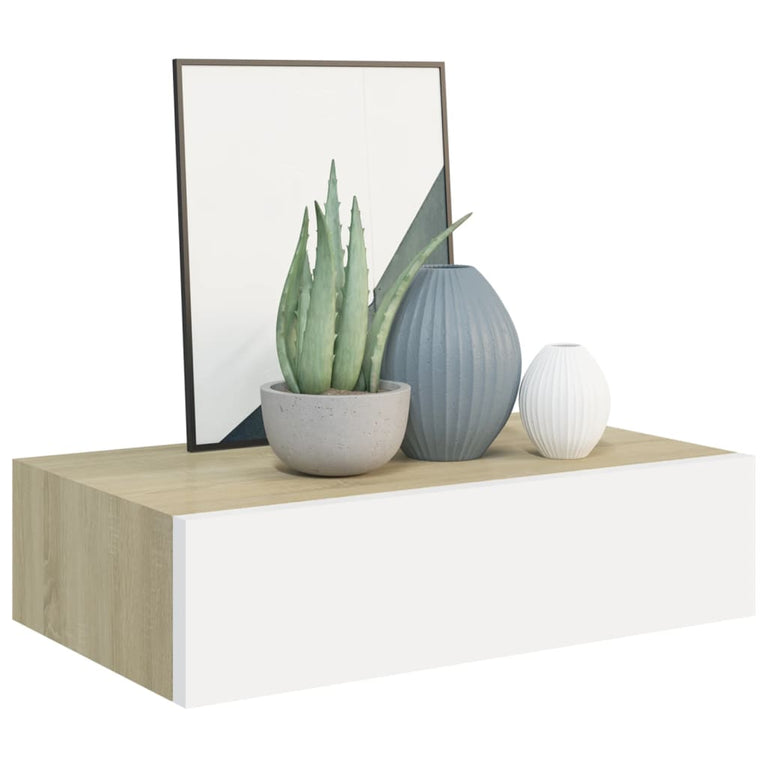 Wandschappen 2 st met lade 40x23,5x10 cm MDF eikenkleur en wit MeubelReus