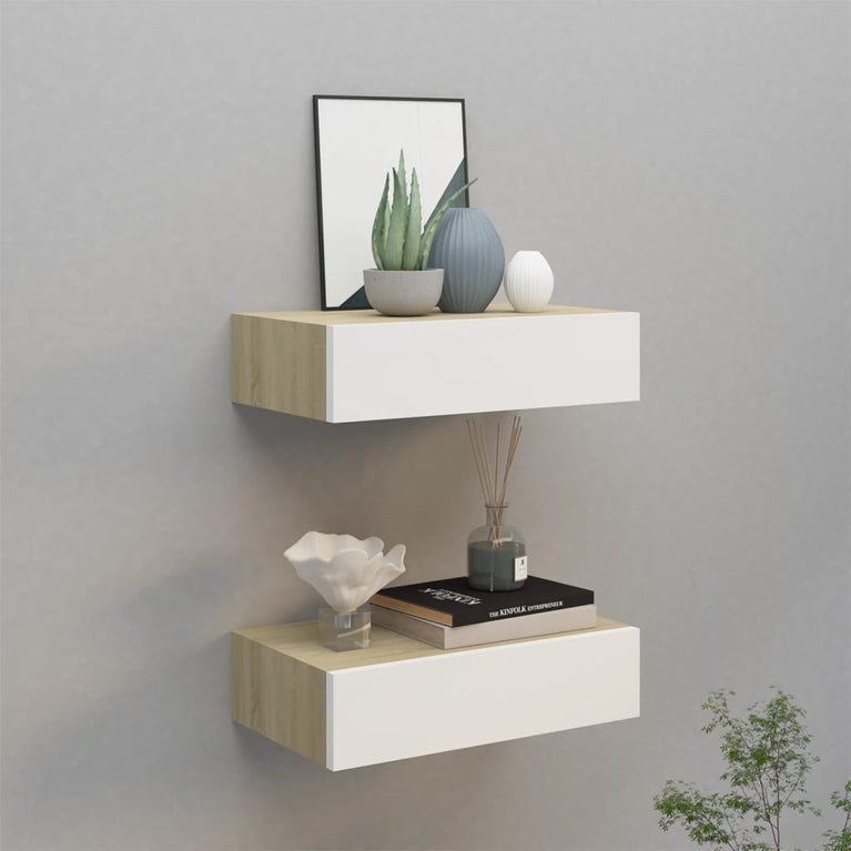 Wandschappen 2 st met lade 40x23,5x10 cm MDF eikenkleur en wit MeubelReus