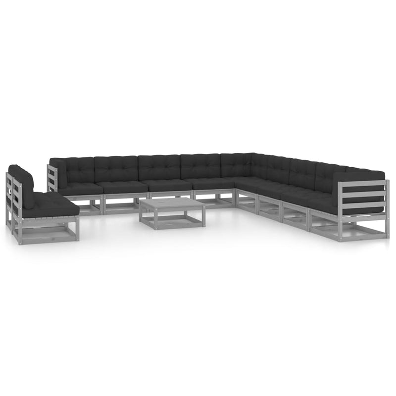 12-delige Loungeset met kussens massief grenenhout grijs