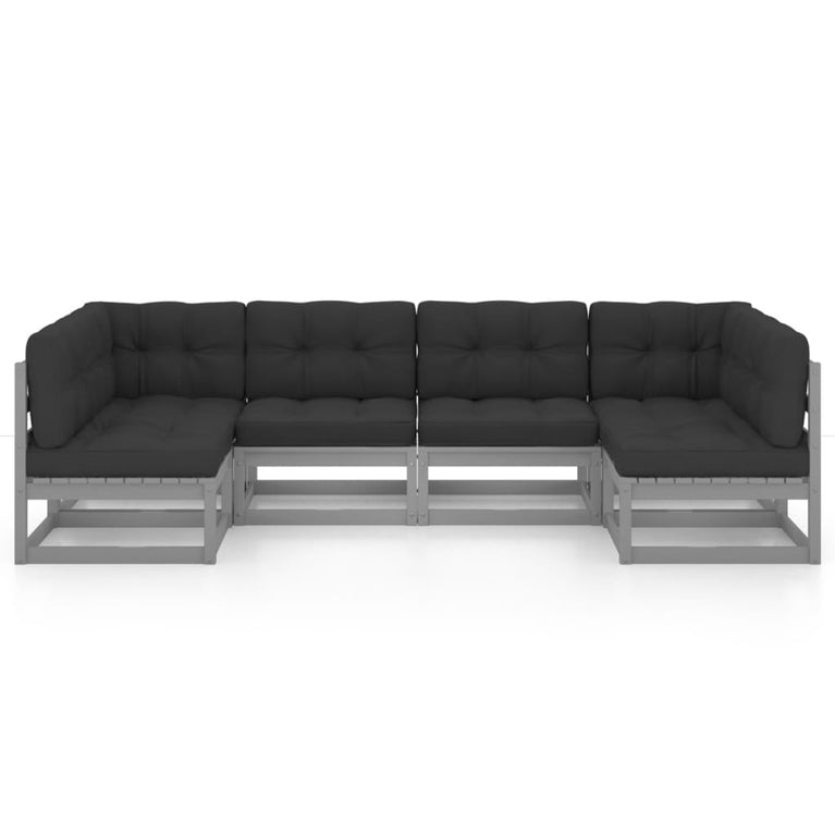 6-delige Loungeset met kussens massief grenenhout grijs