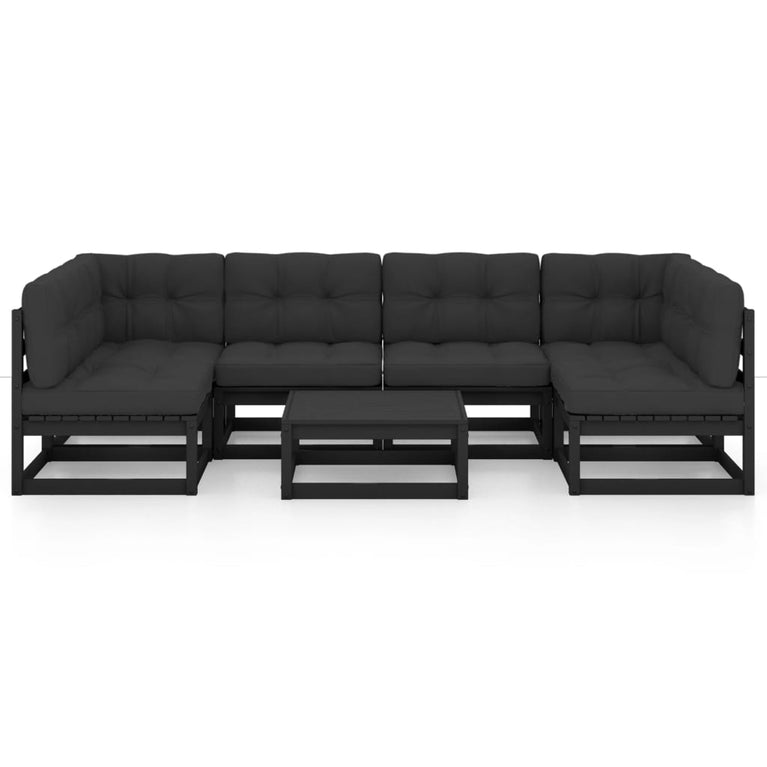 7-delige Loungeset met kussens massief grenenhout zwart