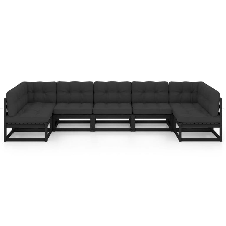 7-delige Loungeset met kussens massief grenenhout zwart