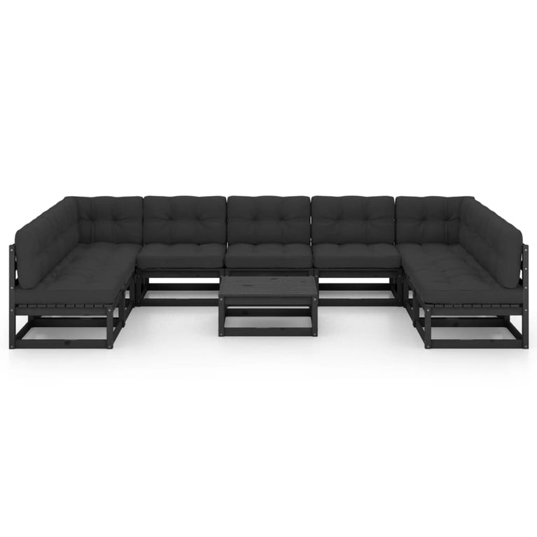 10-delige Loungeset met kussens massief grenenhout zwart