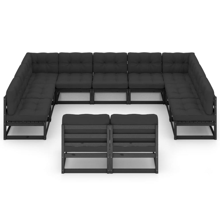 11-delige Loungeset met kussens massief grenenhout zwart