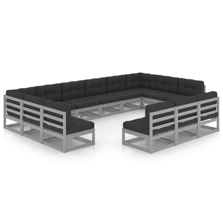 13-delige Loungeset met kussens massief grenenhout grijs
