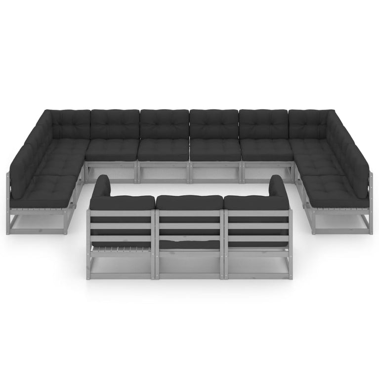 13-delige Loungeset met kussens massief grenenhout grijs