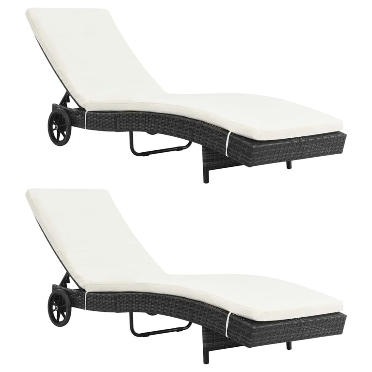 Ligbedden 2 st met wielen en kussens poly rattan zwart MeubelReus