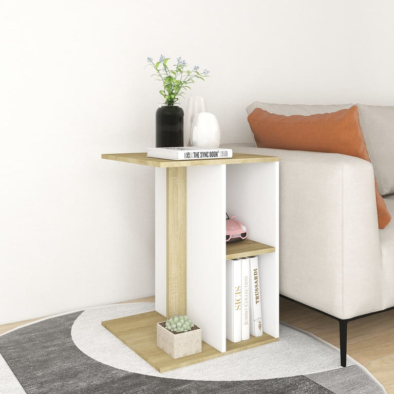 Bijzettafel 60x40x45 cm spaanplaat wit en sonoma eikenkleurig