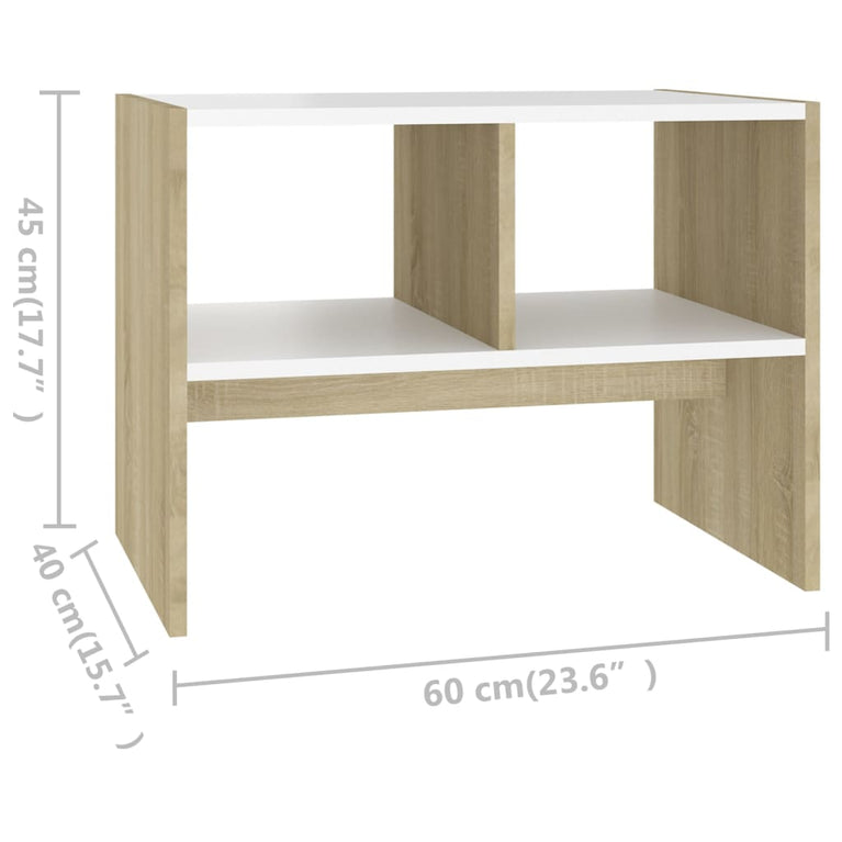 Bijzettafel 60x40x45 cm spaanplaat wit en sonoma eikenkleurig